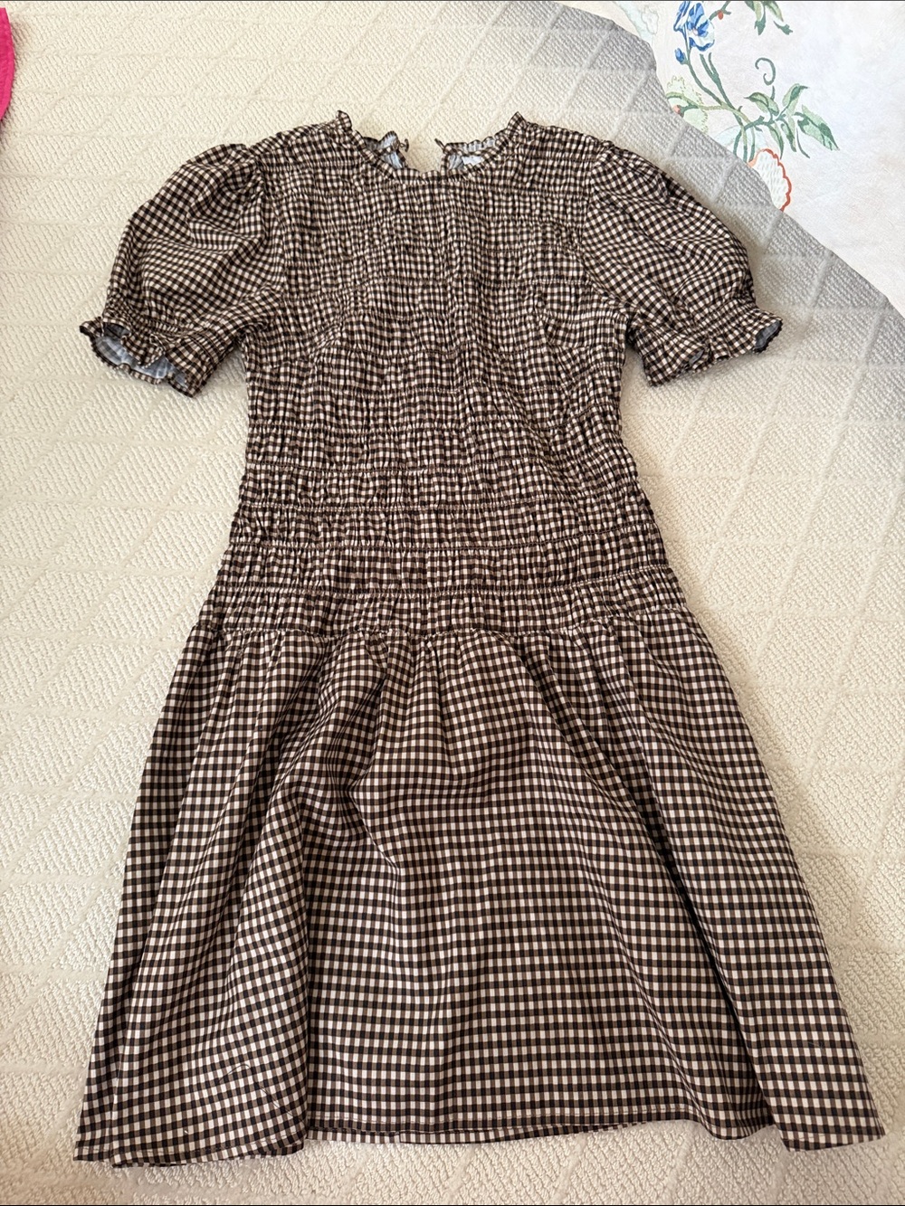 Reformation Brown Gingham Smocked Puff-Sleeve Mini Dress